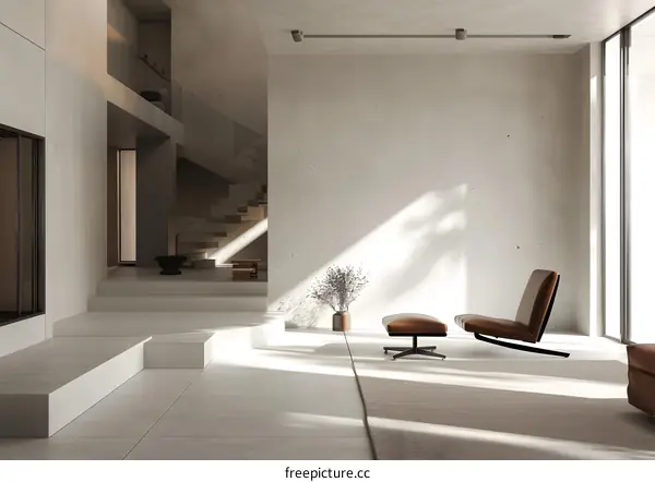 Modern Minimalist Living Room with Concrete Walls and Large Window