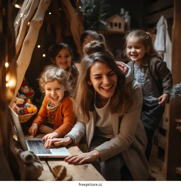 A mother is working on her laptop while her four daughters are playing around her.