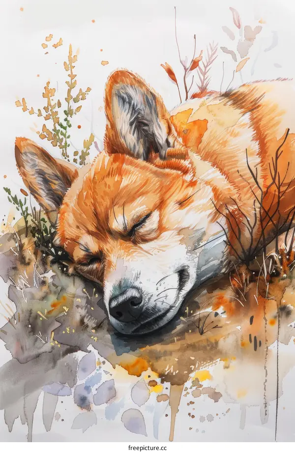 A watercolor painting of a dingo sleeping in the grass.
