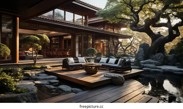 A wooden deck in a beautiful Japanese garden with a large tree and a pond