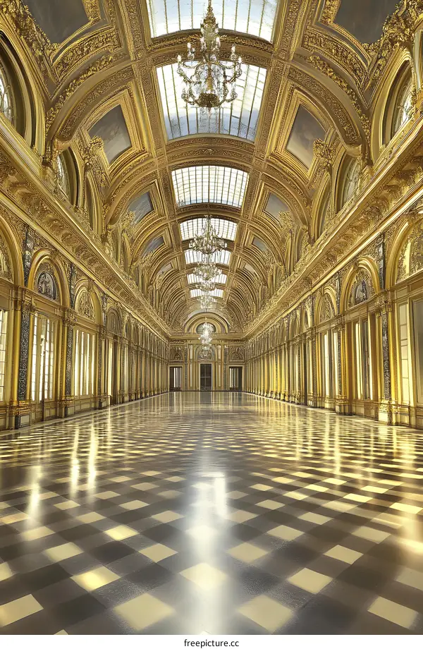Golden Hallway with Checkered Floor and Chandeliers