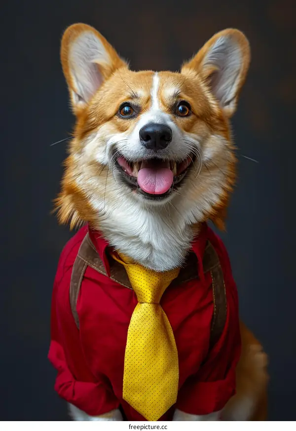A happy corgi wearing a red shirt and yellow tie