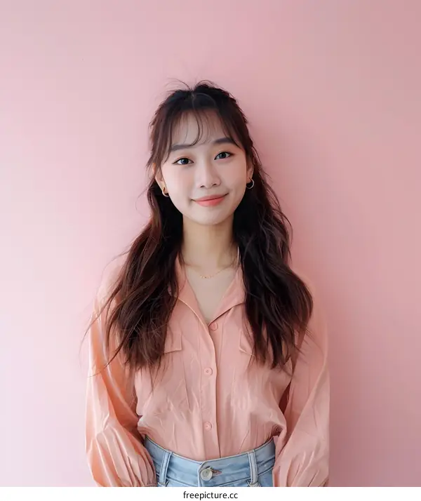 Smiling Asian Woman in Pink Shirt and Jeans Against Pink Wall
