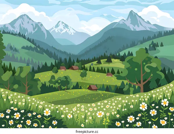 Green Mountains Landscape with Flowers