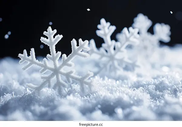 3D rendering of snowflakes on snow against dark background