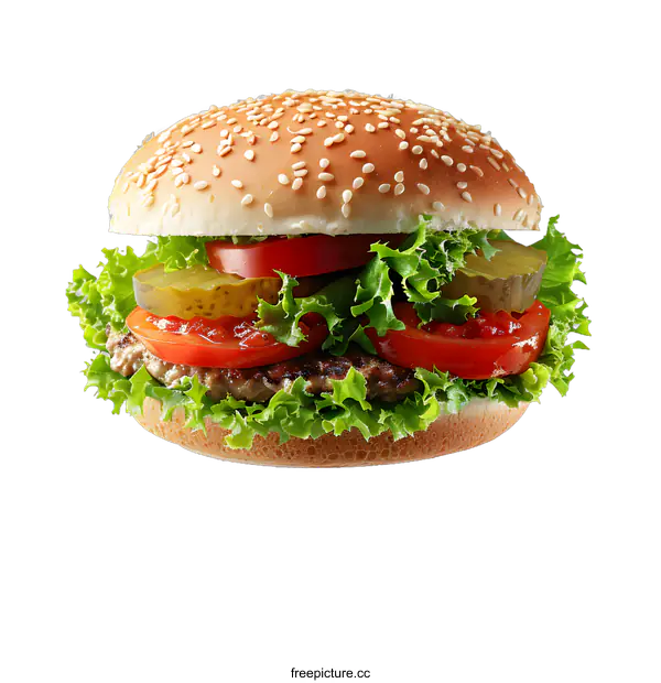 [Transparent Background PNG]A delicious-looking hamburger with sesame seeds on the bun and various toppings such as lettuce, tomato, and pickles.