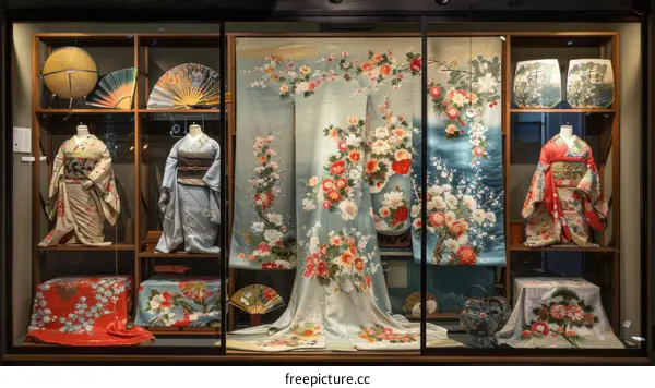 A display of antique Japanese kimono in a museum.