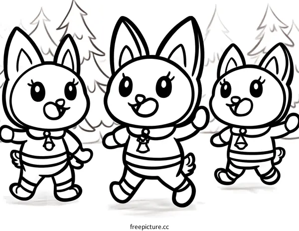 Three Cute Cartoon Bunnies In Winter Wonderland