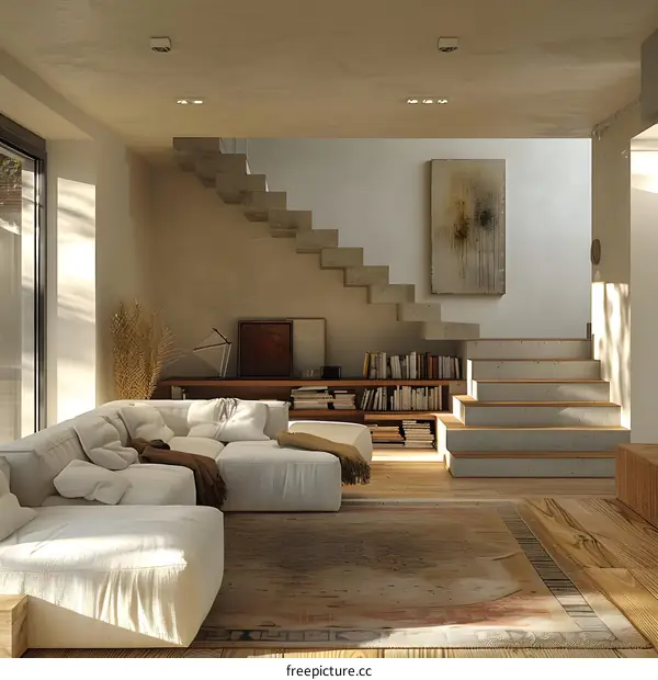 Modern Living Room Interior Design with Concrete Stairs and Wooden Floors