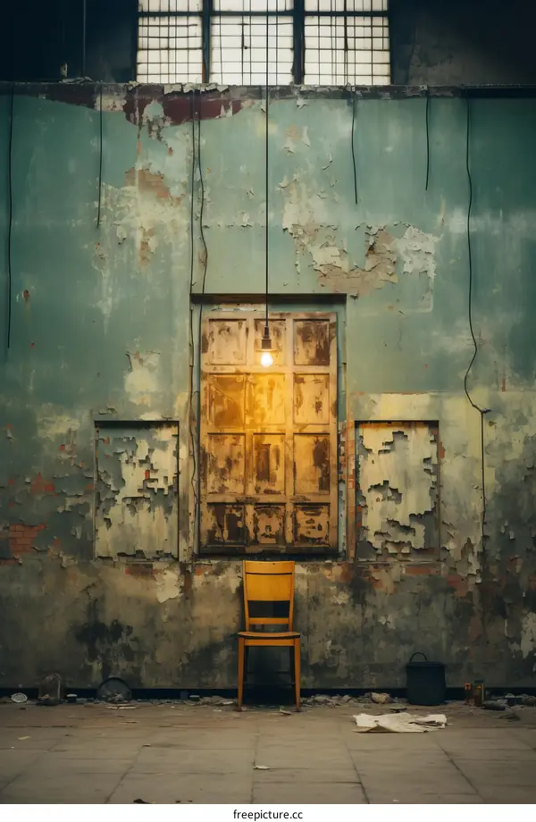 Lonely Chair in Abandoned Room with Light Bulb