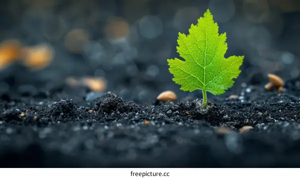 A single green leaf emerging from dark soil