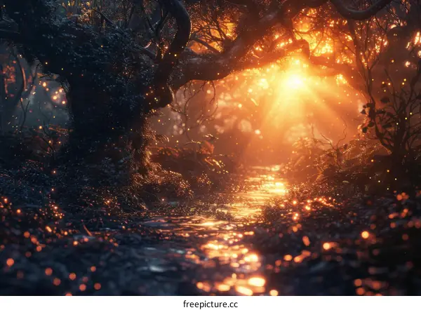 Fantasy Forest Path with a Bright Light at the End