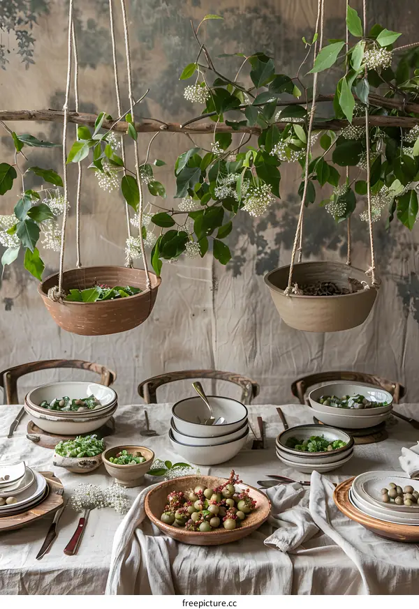 Rustic Table Setting with Hanging Plants and White Flowers