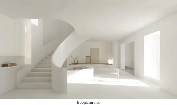 Minimalist White Interior Design with Spiral Staircase