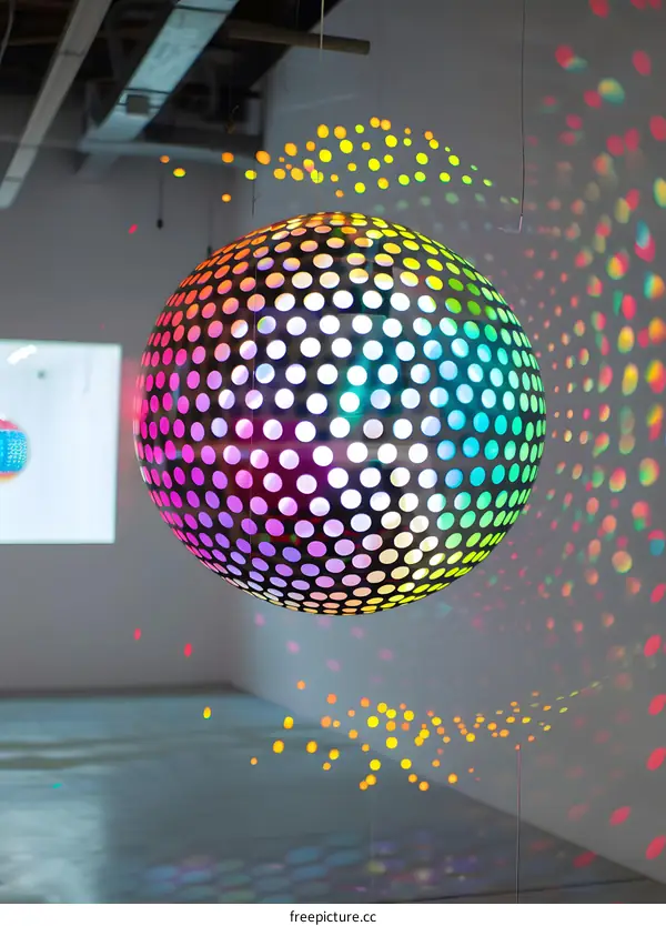 Rainbow Disco Ball Hanging in a Gallery