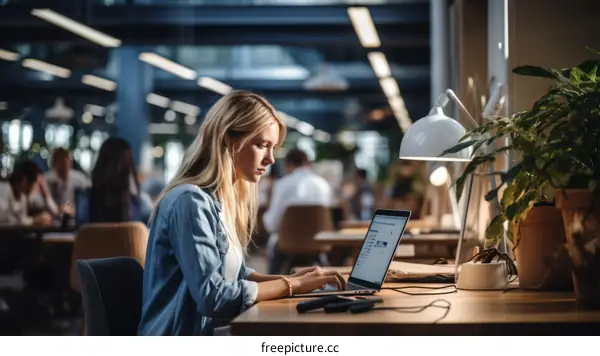 Focused young businesswoman working on laptop in modern office space