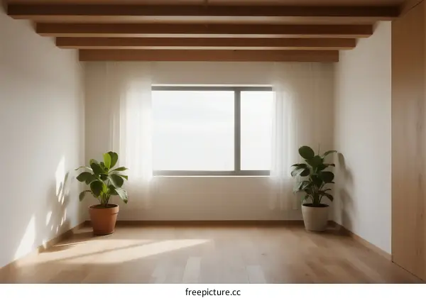 Bright and airy room with large window and indoor plants