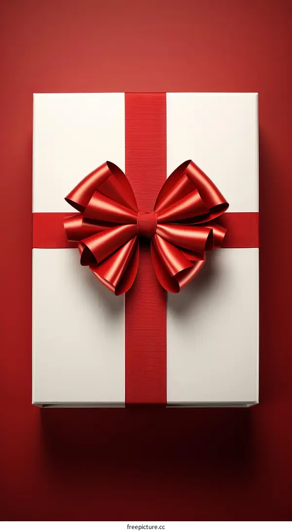 A red and white present with a red bow on a red background