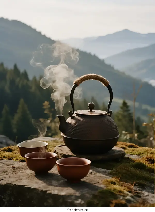 Hot Teapot with Smoke and Mountain View in Nature