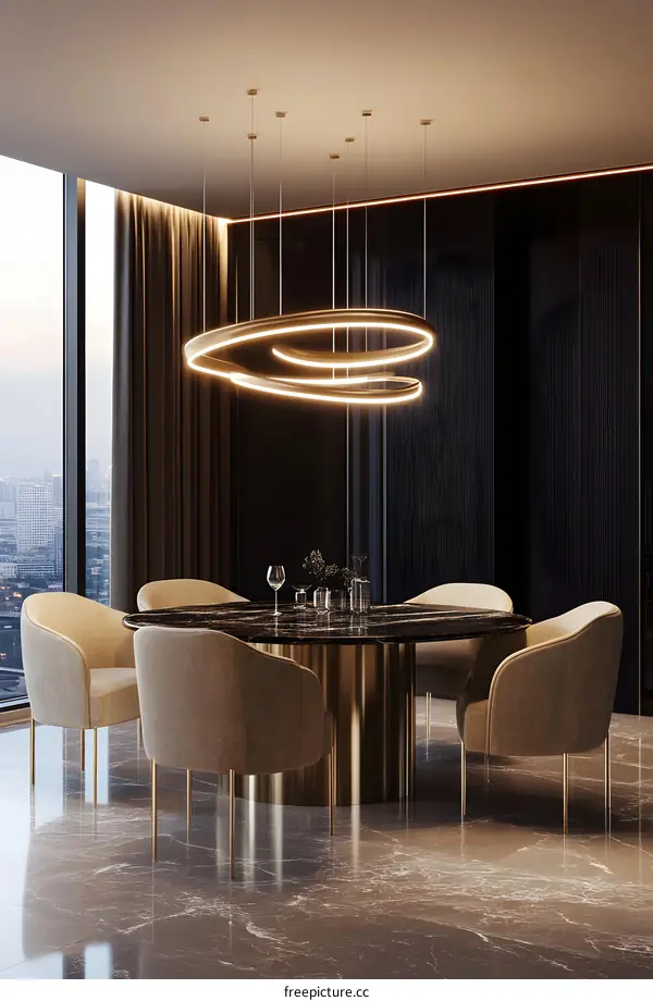 Modern Interior Design with Round Dining Table and Unique Chandelier