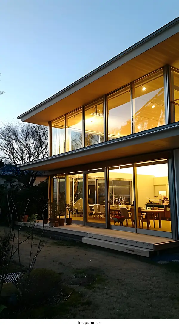 Modern Glass House with Large Windows and Wooden Deck
