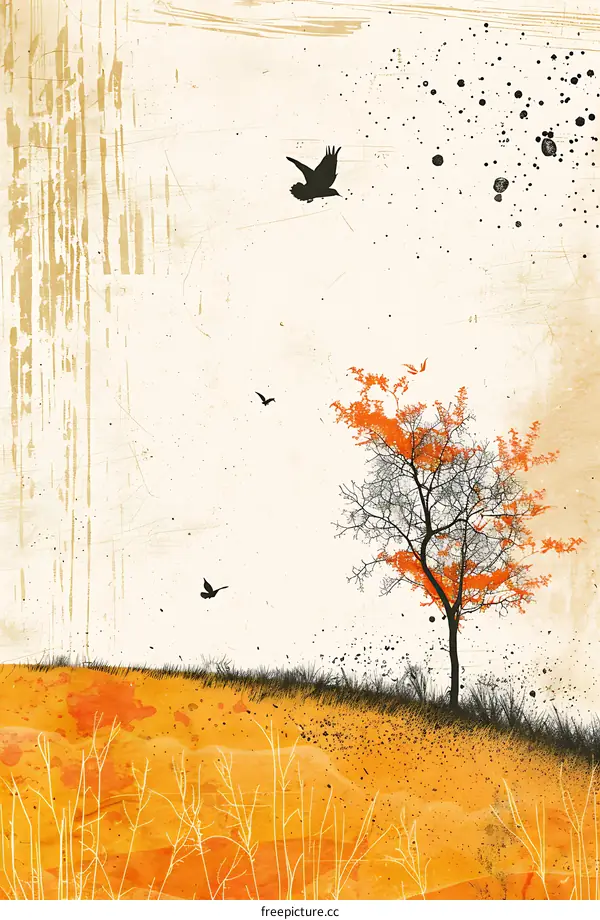 Artistic Illustration of Birds Flying Over an Orange Tree