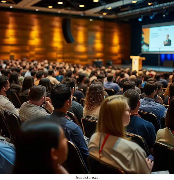 Audience listens to a speaker at a conference