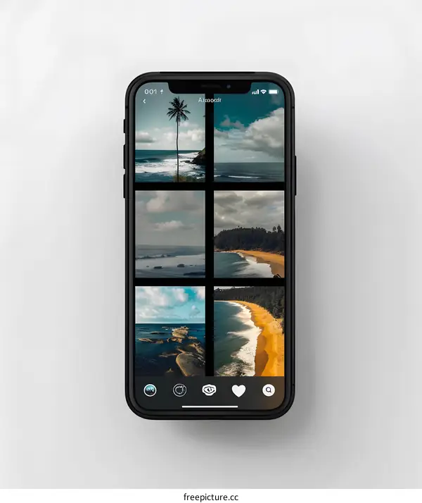 Mobile Phone Displaying Pictures Of Tropical Beach