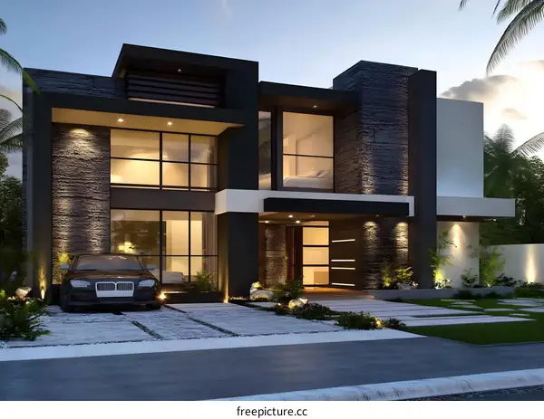 Modern House with Stone Facade and Large Windows