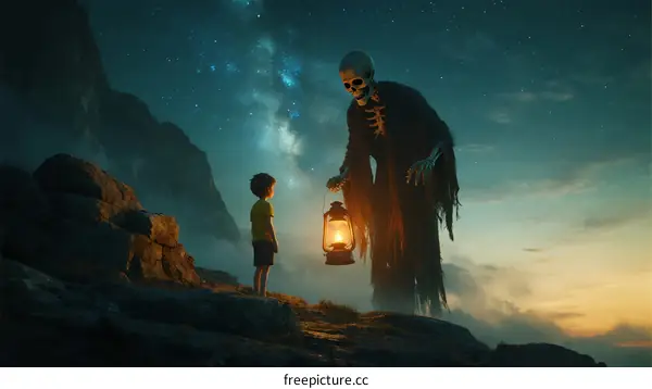 Child and Skeleton Figure Standing on Mountain at Night