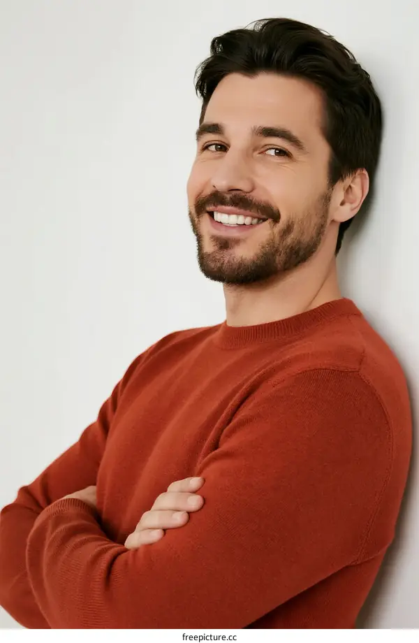 Smiling man in red sweater with arms crossed