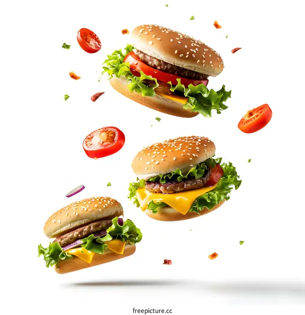 three hamburgers with flying ingredients