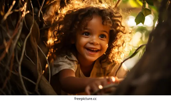 Little girl with curly hair smiling while playing in the forest