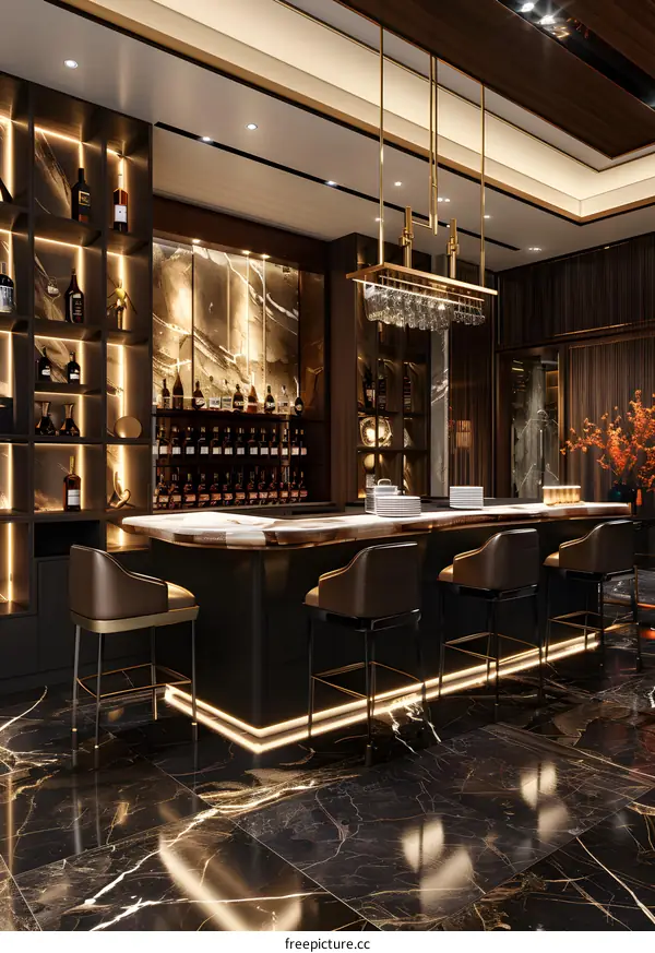 Modern Bar Interior Design With Gold Accents And Marble Flooring
