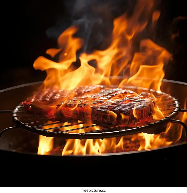Two juicy beef steaks sizzling on a flaming hot grill