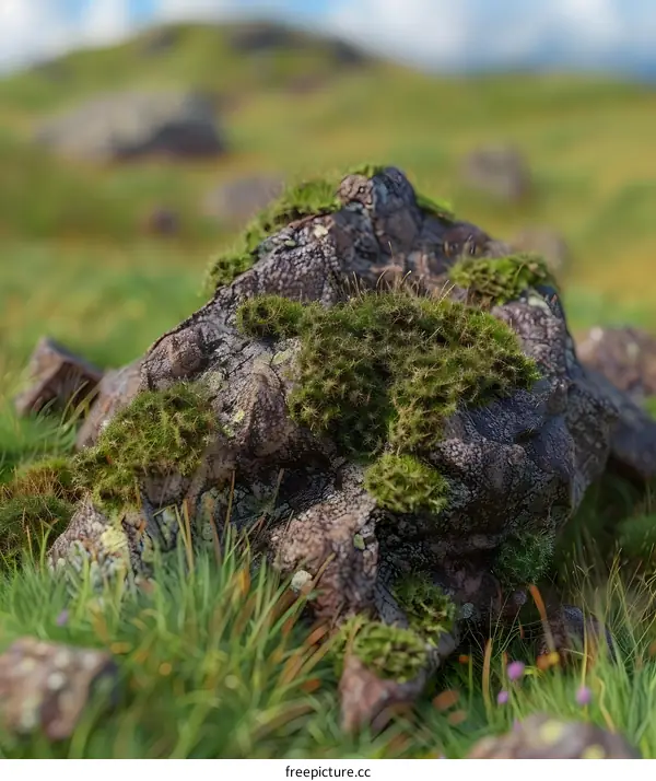 Green Mossy Stone in a Grassy Field