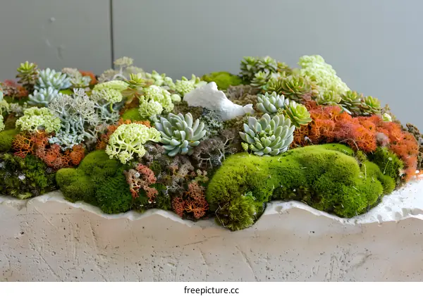 Green Succulents and Moss Growing on a White Wall