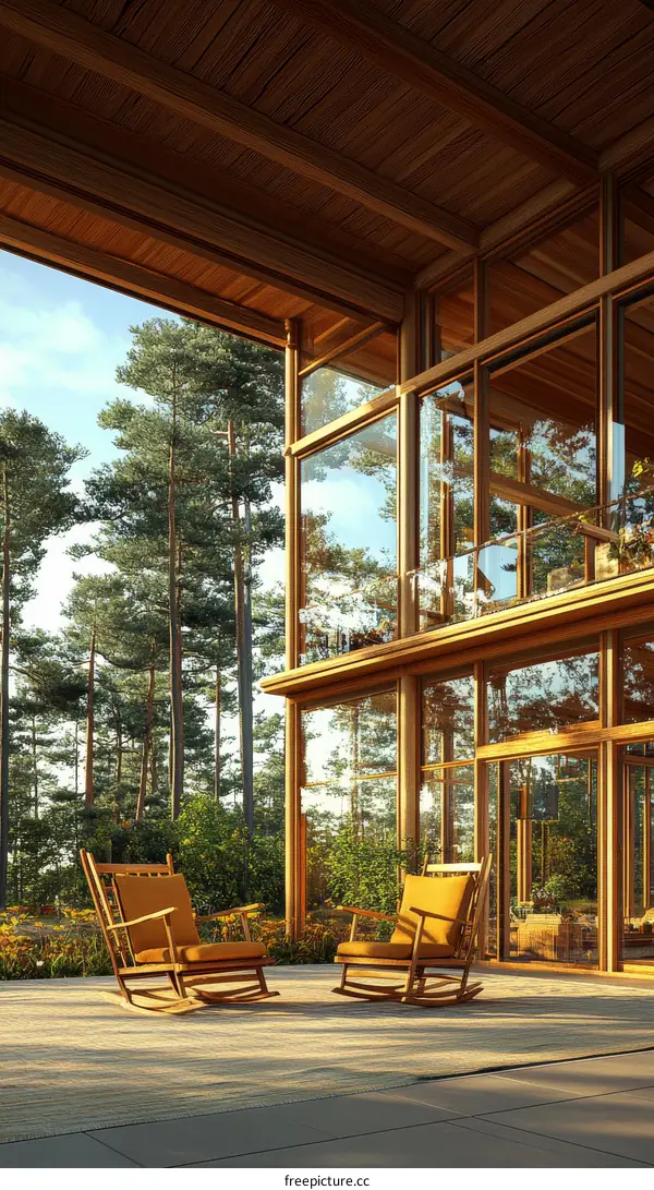 Modern Wooden House with Outdoor Rocking Chairs