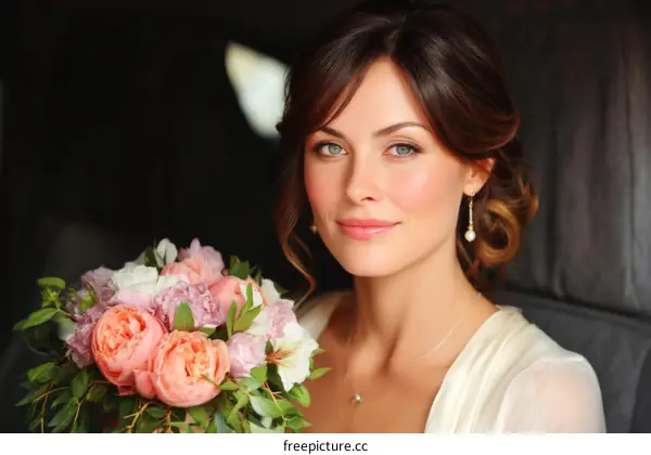 Beautiful Bride with Floral Bouquet in a Car