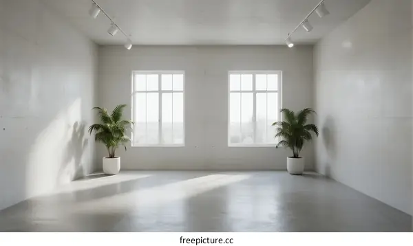 Bright and empty room with two windows and potted plants inside