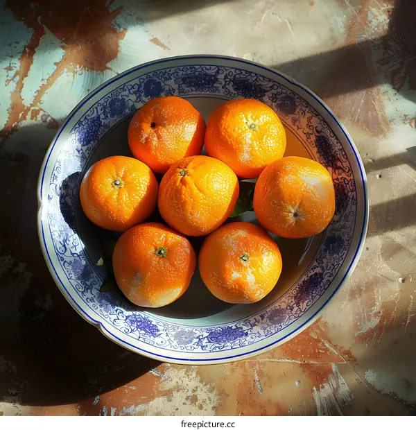 Closeup of Ripe Oranges in a Blue and White Plate