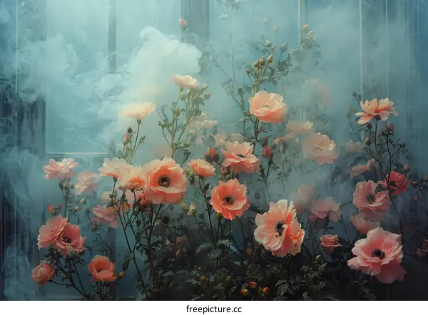 ethereal peach colored flowers in a blue foggy background