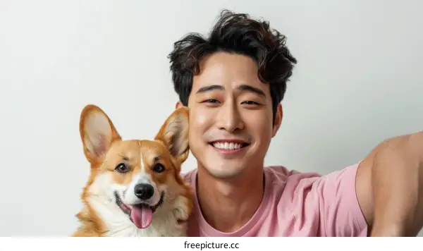Asian man taking selfie with his pet dog