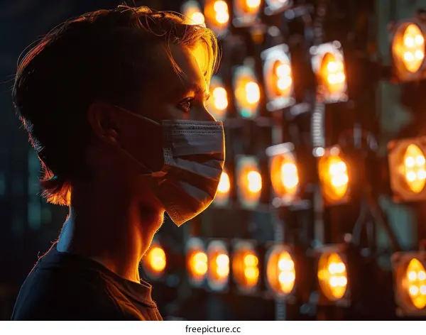 Young technician wearing a mask and looking at the stage lights