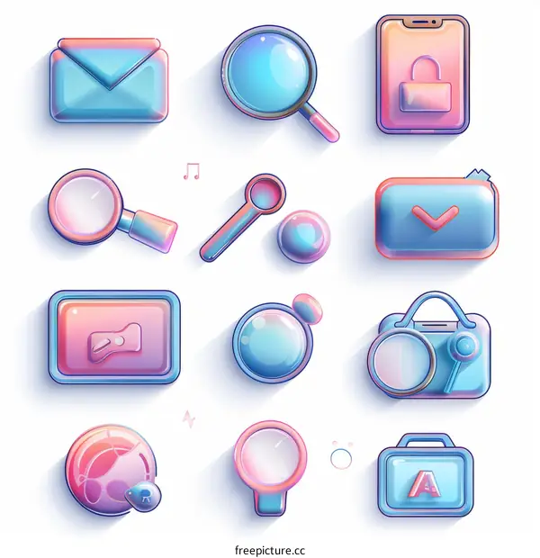 A set of 3D icons including a magnifier, camera, and more