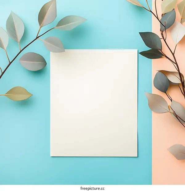 White Paper Mockup with Green Leaves on Blue and Peach Background