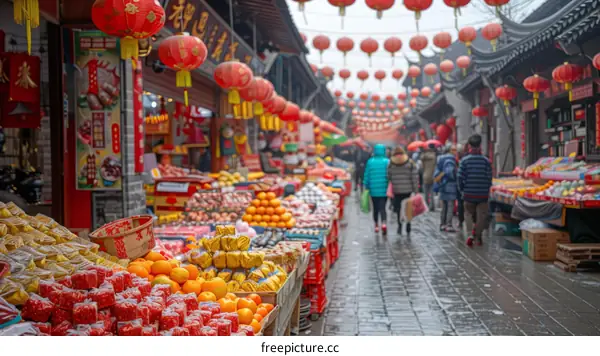 A bustling wet market with people shopping for fresh produce