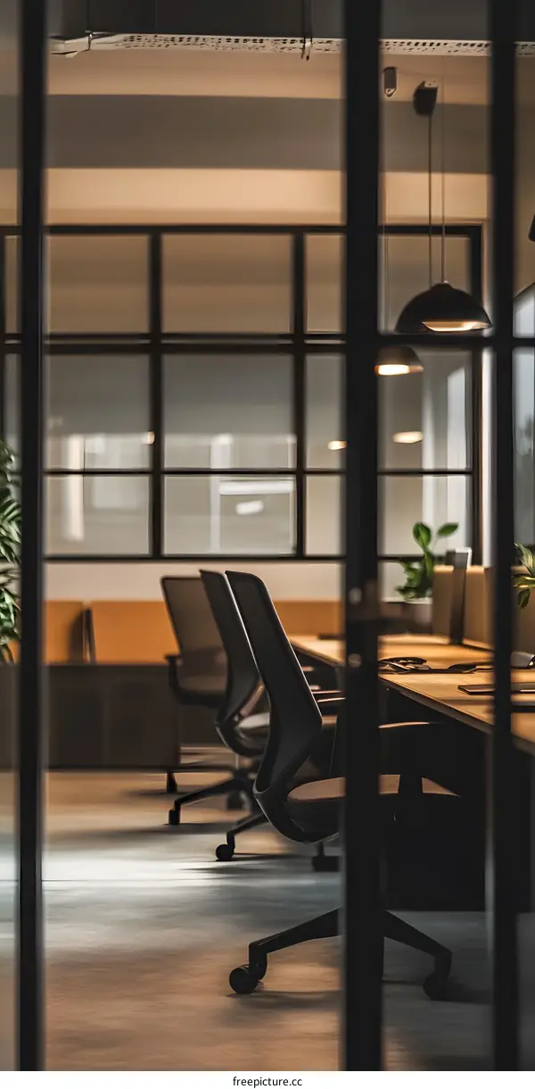 Office Interior Design With Black Chairs And Wooden Desk