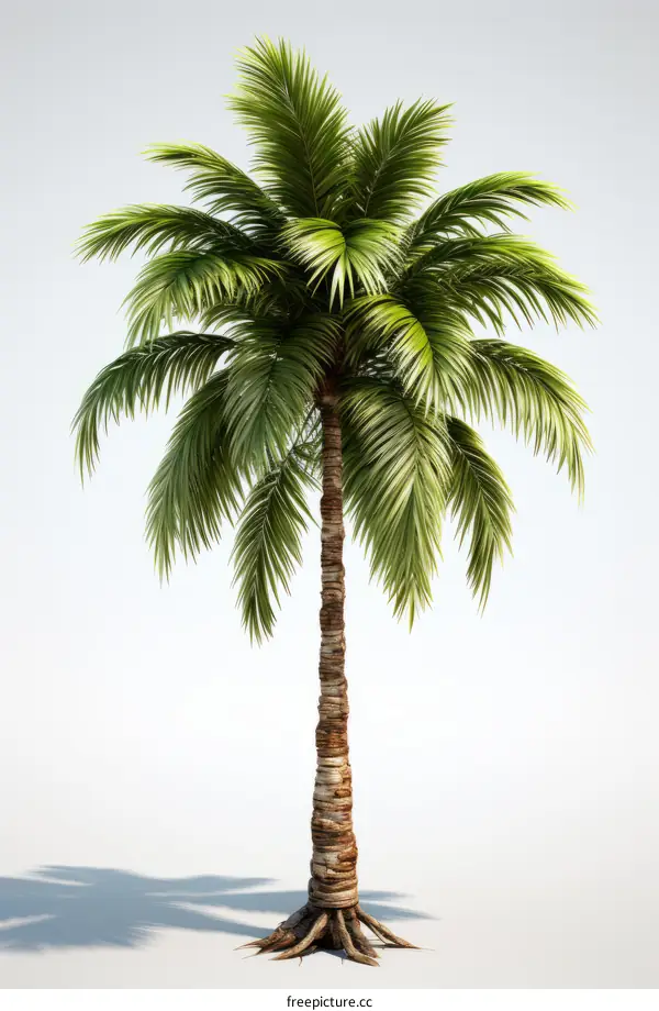 A tall palm tree with green leaves isolated on a white background