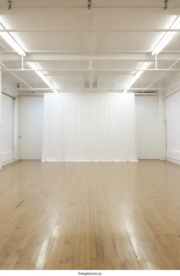 Large empty room with white curtain